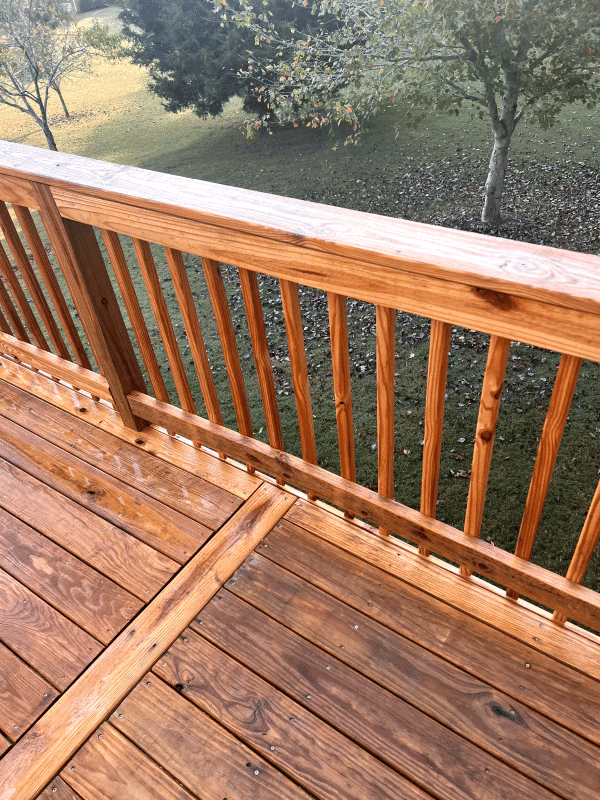 Wooden deck railing and flooring with autumn leaves in the background.
