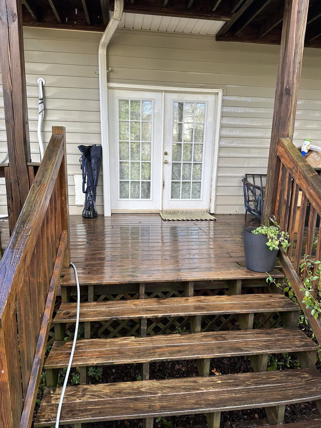 Wooden steps leading to double glass doors on a porch, surrounded by greenery and outdoor items.
